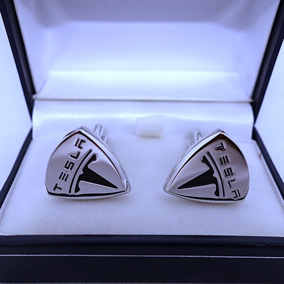 Brand New Chromed & Enameled Tesla Emblem Cufflinks with Case, Silver - Picture 1 of 2